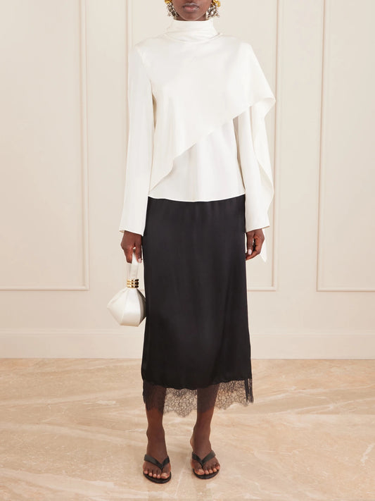 Image of a model wearing Tops. Product name - Scarf-detailed Silk-twill Blouse in Cream colour by brand - RÓHE