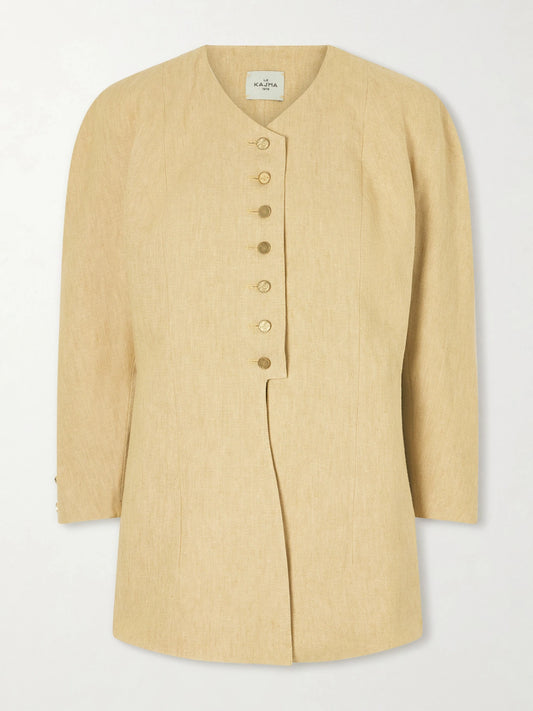Image of a model wearing Tops. Product name - Amada Heavy Linen Jacket in Sand colour by brand - Le Kasha