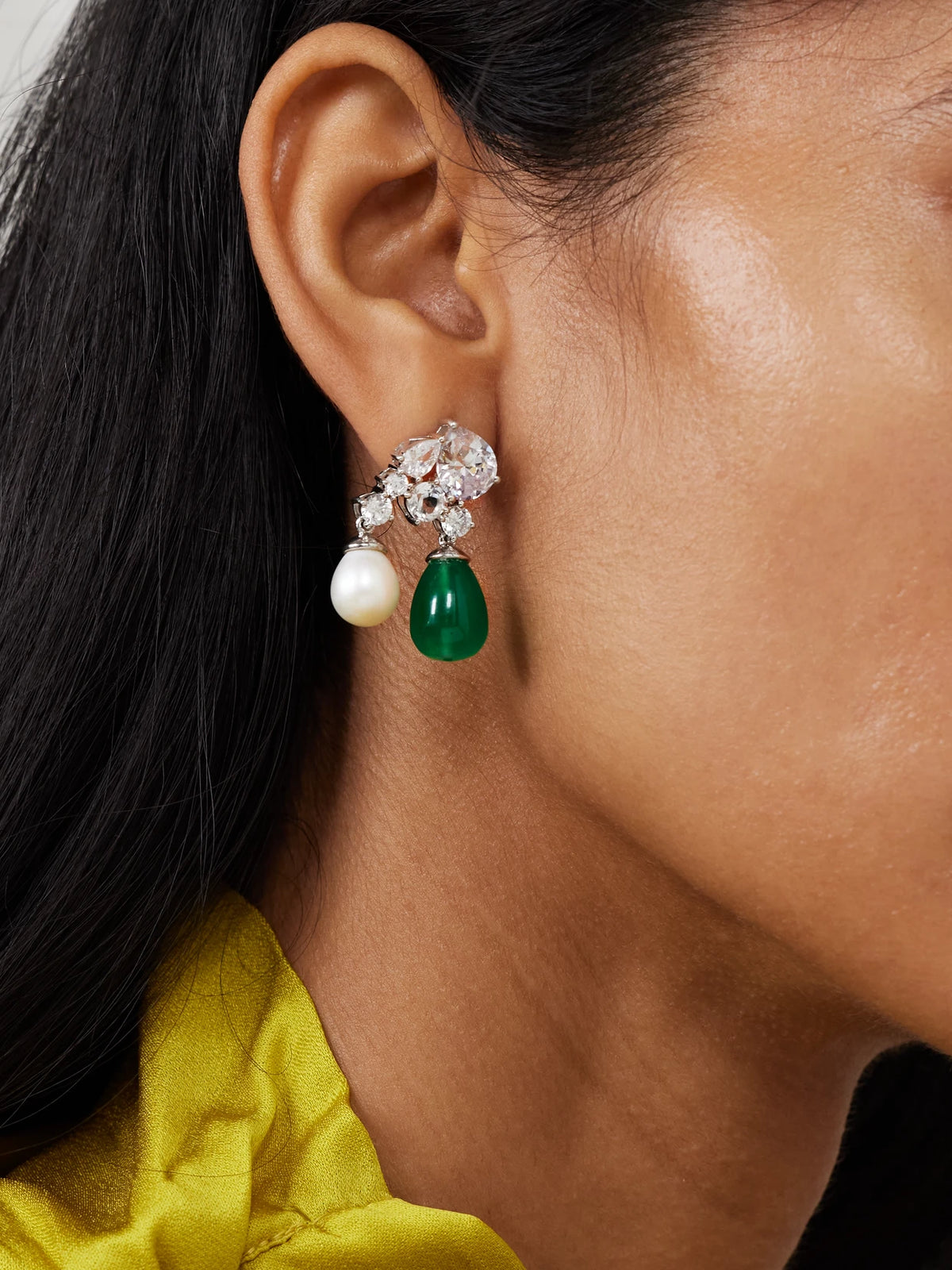 Image of Earrings. Product name - Rhodium-plated, Cubic Zirconia, Resin And Pearl Earrings in Green colour by brand - Completedworks