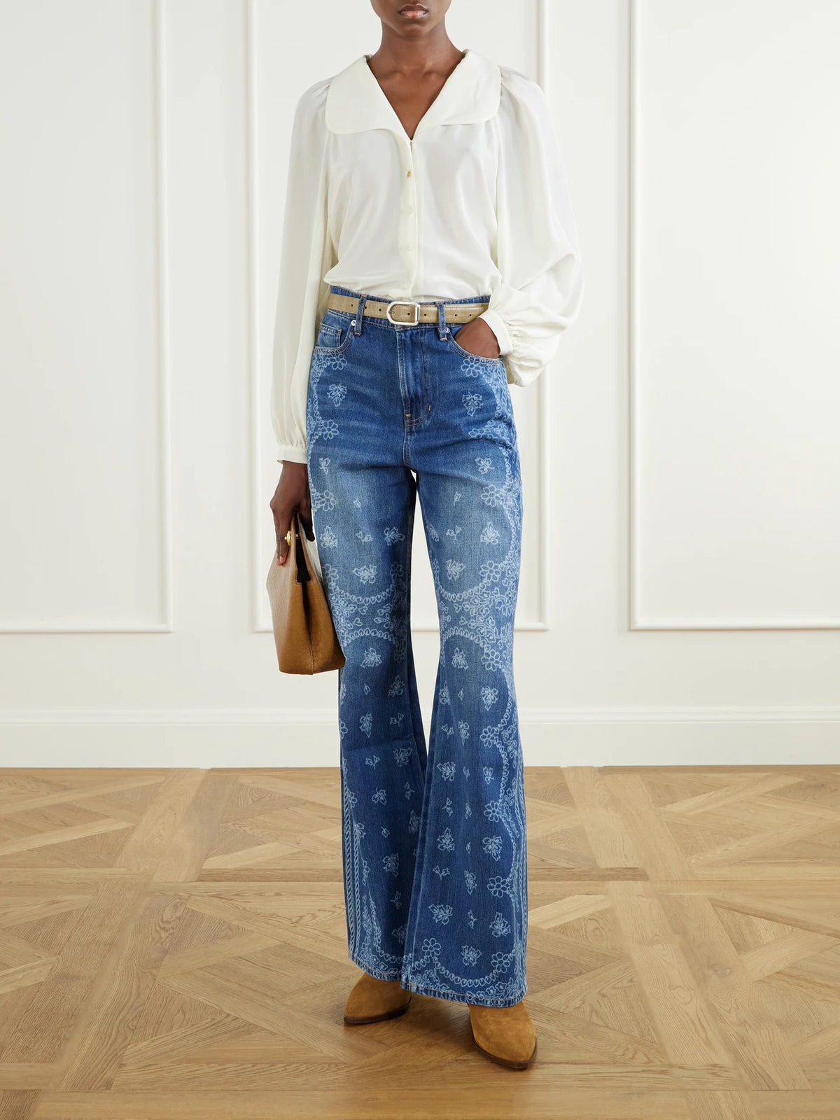 Image of Jeans. Product name - Taylor Printed High-rise Wide-leg Jeans in Mid denim colour by brand - Veronica Beard