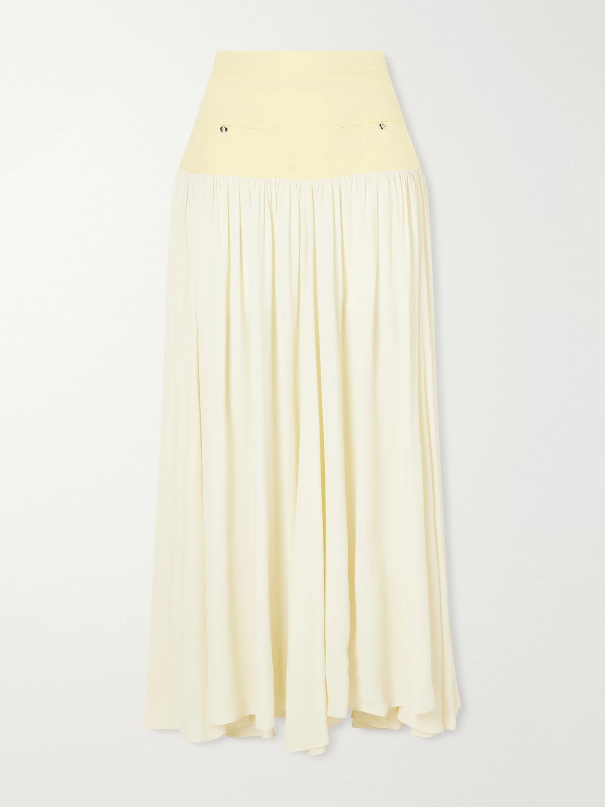 Image of a model wearing Skirts. Product name - Cotton And Crepe Maxi Skirt in Yellow colour by brand - RABANNE