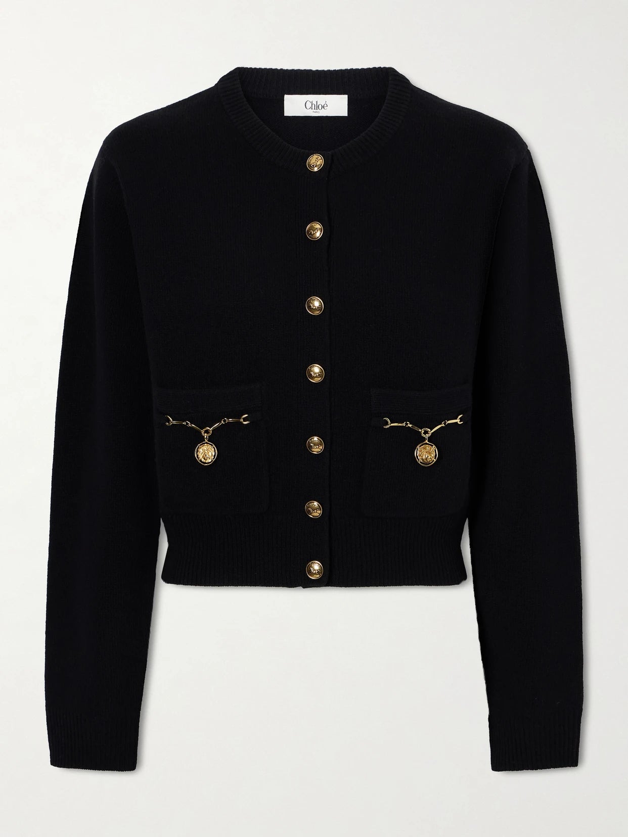 Image of a model wearing Outerwear. Product name - Cropped Embellished Wool And Cashmere-blend Cardigan in Black colour by brand - Chloé