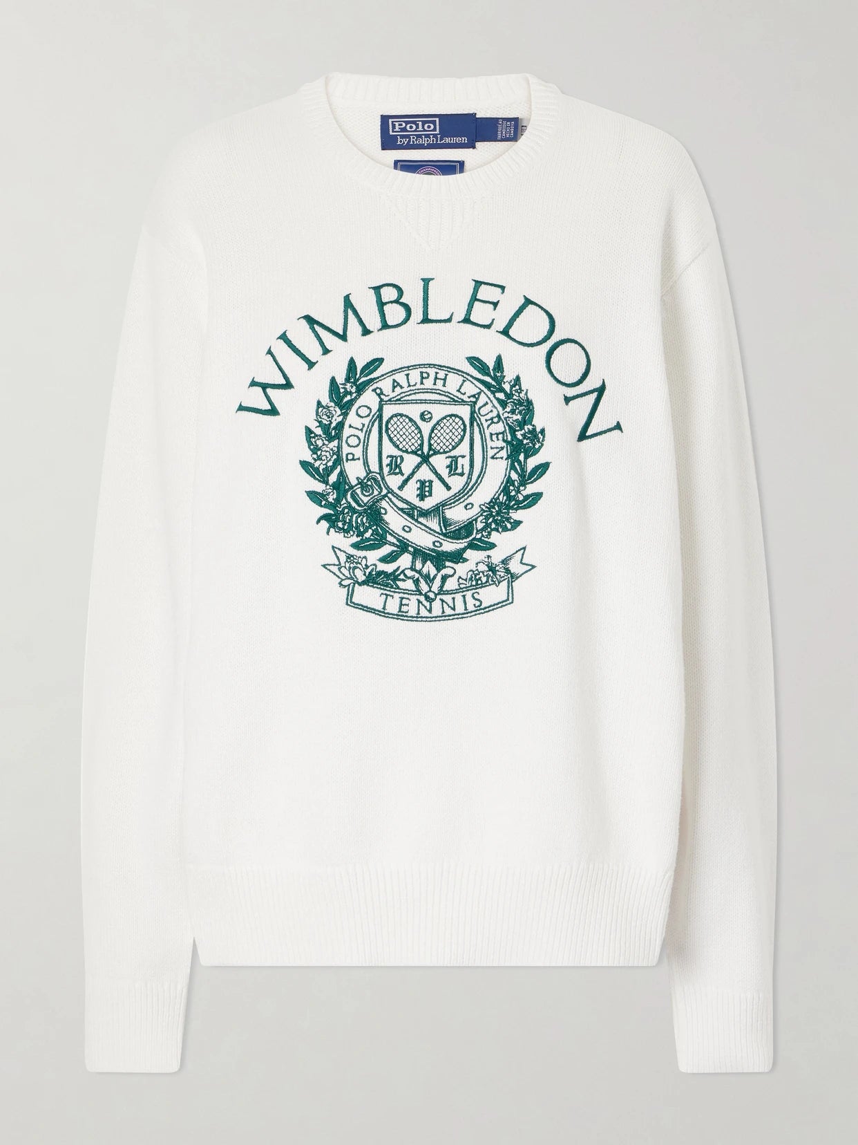 Image of a model wearing Outerwear. Product name - + Wimbledon Logo-embroidered Cotton Sweater in White colour by brand - Polo Ralph Lauren