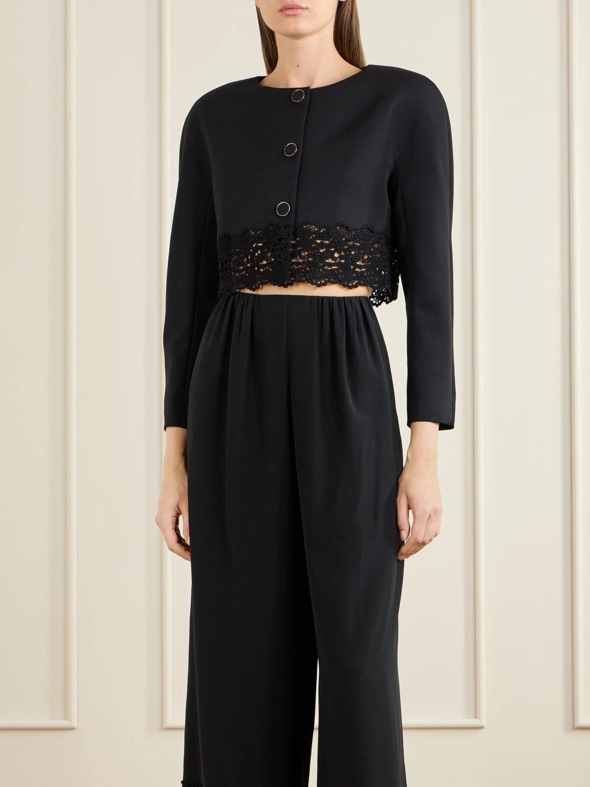 Image of Coats & Jackets. Product name - Lace-embroidered Wool Evening Jacket in Black colour by brand - Chloé