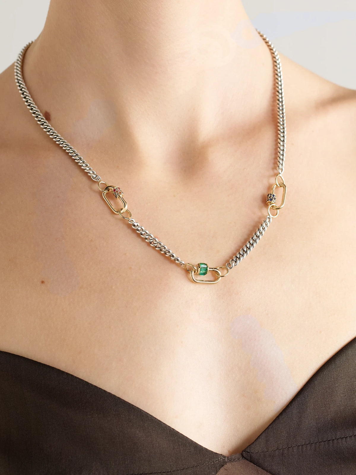 Image of Necklaces. Product name - Babylock Sterling Silver And 14-karat Gold, Emerald And Sapphire Necklace in Multi colour by brand - Marla Aaron