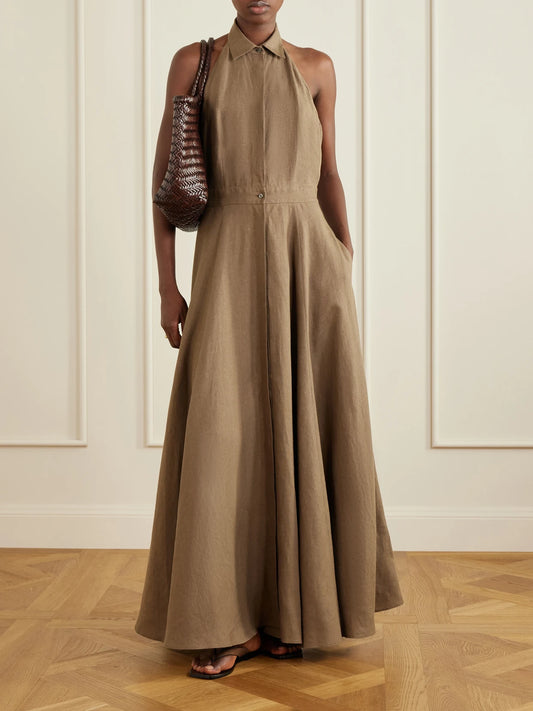 Image of Dresses. Product name - Eldered Linen Halterneck Maxi Dress in Light brown colour by brand - Ralph Lauren Collection