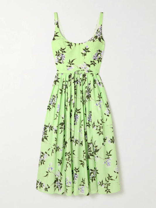 Image of Dresses. Product name - Eglantine Belted Gathered Floral-print Cotton-poplin Midi Dress in Green colour by brand - Emilia Wickstead