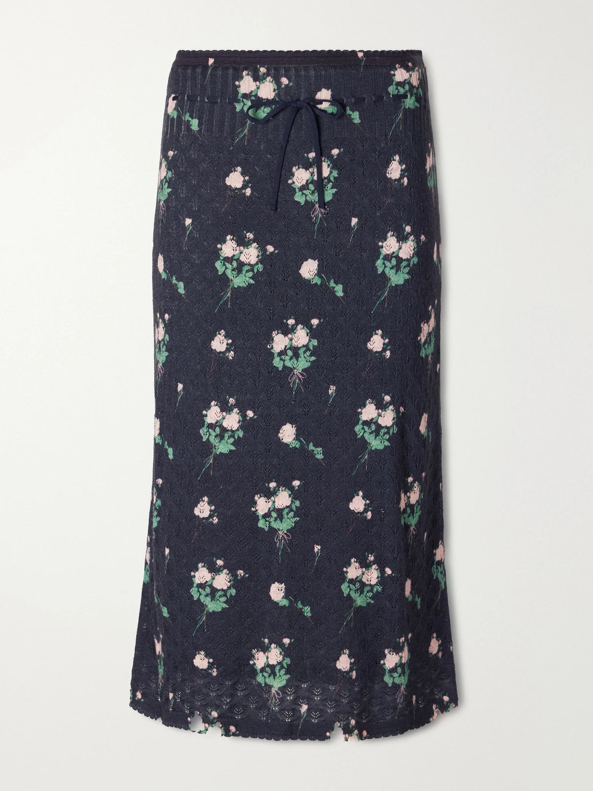 BERNADETTE Katia Floral-print Pointelle-knit Silk, Wool And Cashmere-blend Knee-length Skirt