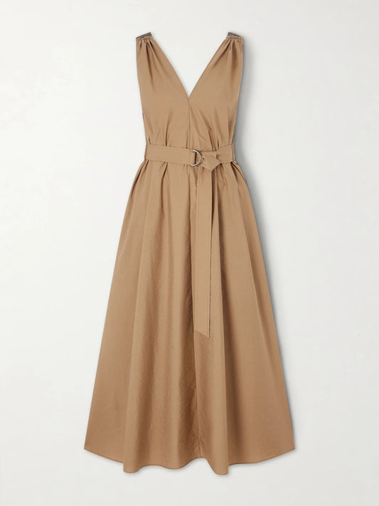 Image of Dresses. Product name - Belted Cotton-blend Poplin Midi Dress in Brown colour by brand - Brunello Cucinelli