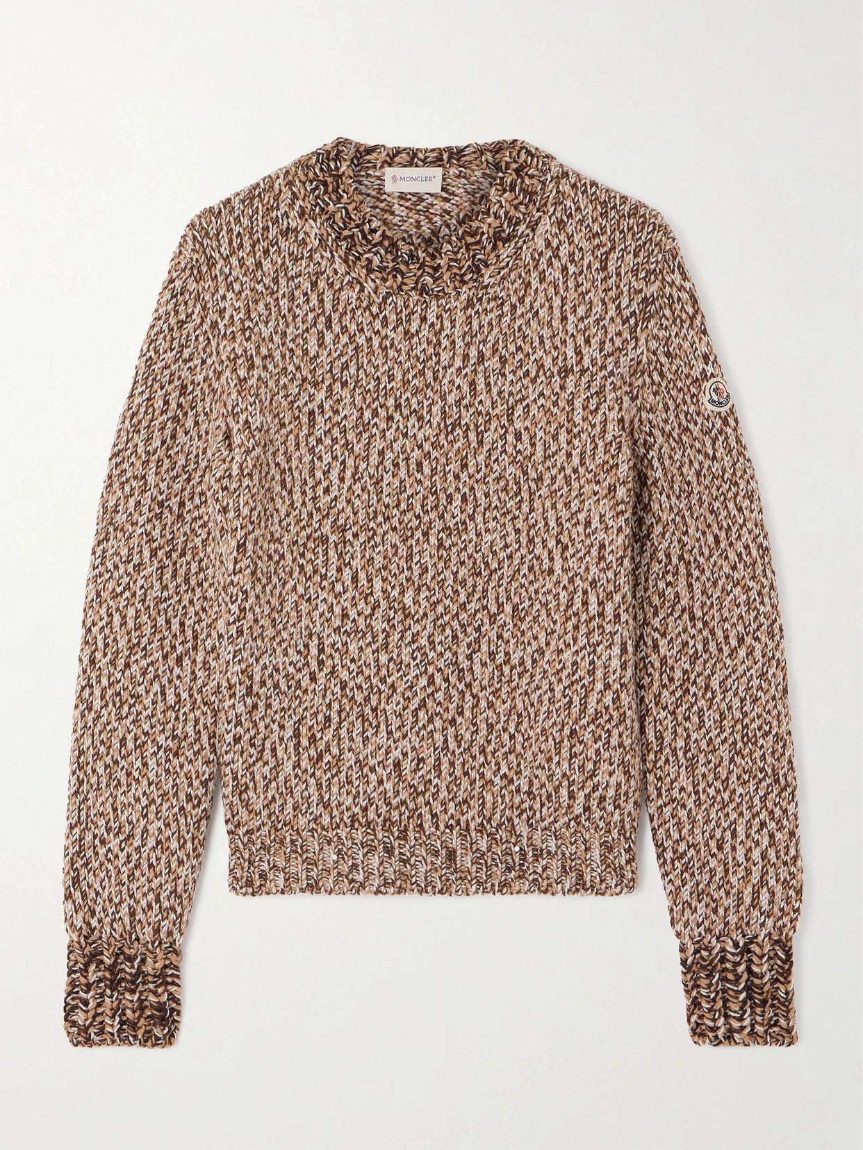 Image of a model wearing Outerwear. Product name - Archivio Dna Appliquéd Wool Sweater in Light brown colour by brand - Moncler