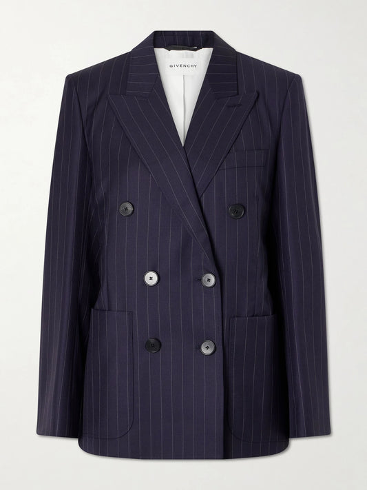 Image of a model wearing Outerwear. Product name - Pinstripe Double-breasted Wool Blazer in Navy colour by brand - Givenchy