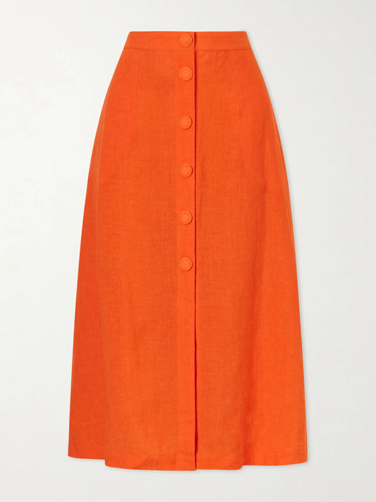 Image of a model wearing Skirts. Product name - Amusante Linen Midi Skirt in Orange colour by brand - Eres