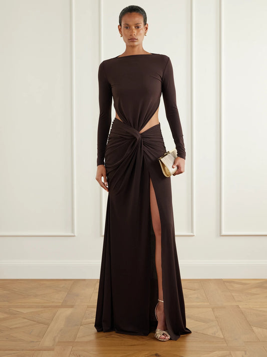 Image of Dresses. Product name - Cut-out Gathered Crepe Gown in Brown colour by brand - Alex Perry