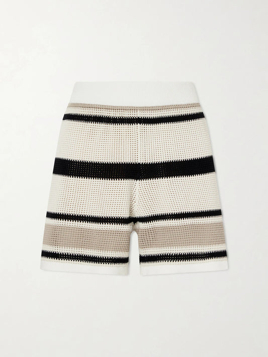 Image of a model wearing Shorts. Product name - Open-knit Striped Cotton Shorts in Multi colour by brand - Brunello Cucinelli