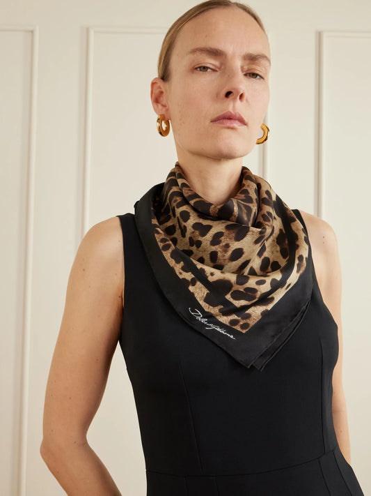 Image of Scarves & Shawls. Product name - Leopard-print Silk-twill Scarf in Leopard print colour by brand - Dolce & Gabbana