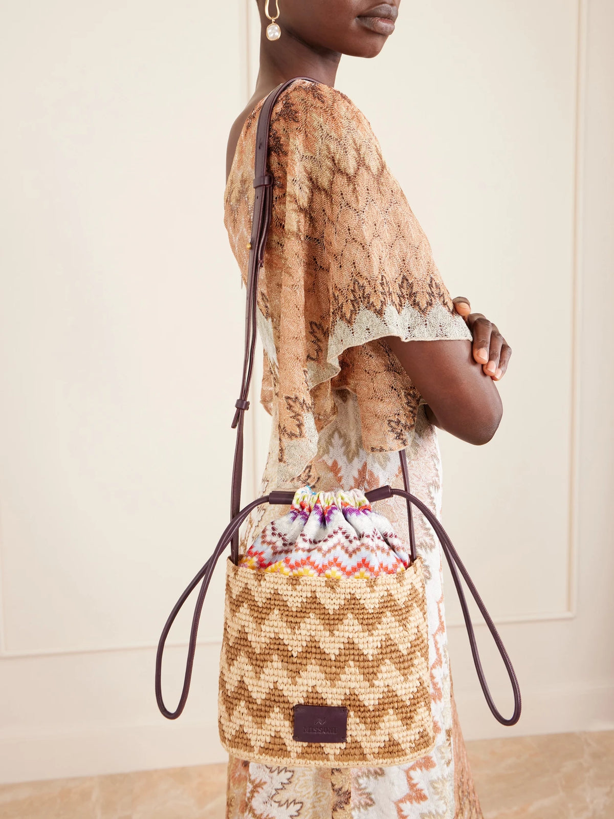 Image of Bags. Product name - Small Striped Raffia Bucket Bag in Beige colour by brand - Missoni