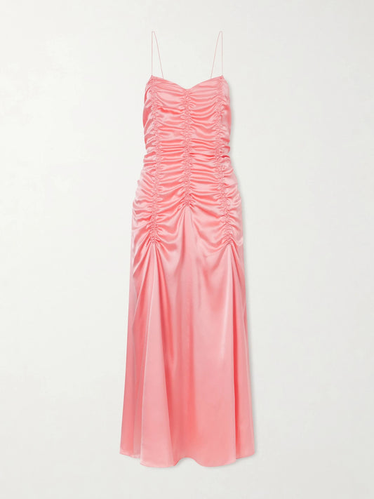 Image of Dresses. Product name - Raina Ruched Silk Midi Dress in Pink colour by brand - KHAITE