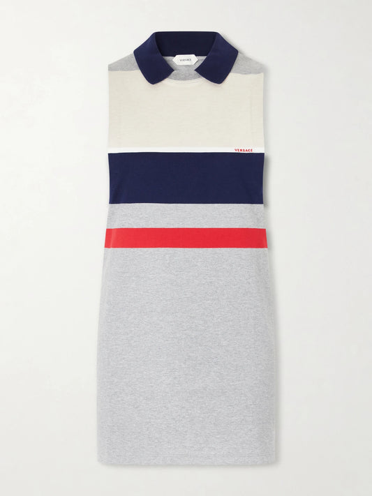 Image of a model wearing Tops. Product name - Sleeveless Embroidered Striped Cotton T-shirt in Gray colour by brand - Versace