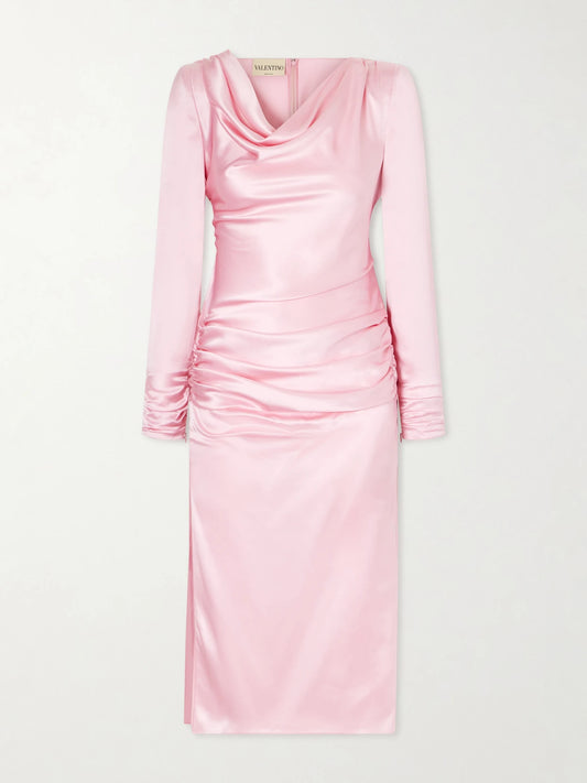 Image of Dresses. Product name - Draped Silk-satin Midi Dress in Pink colour by brand - Valentino Garavani