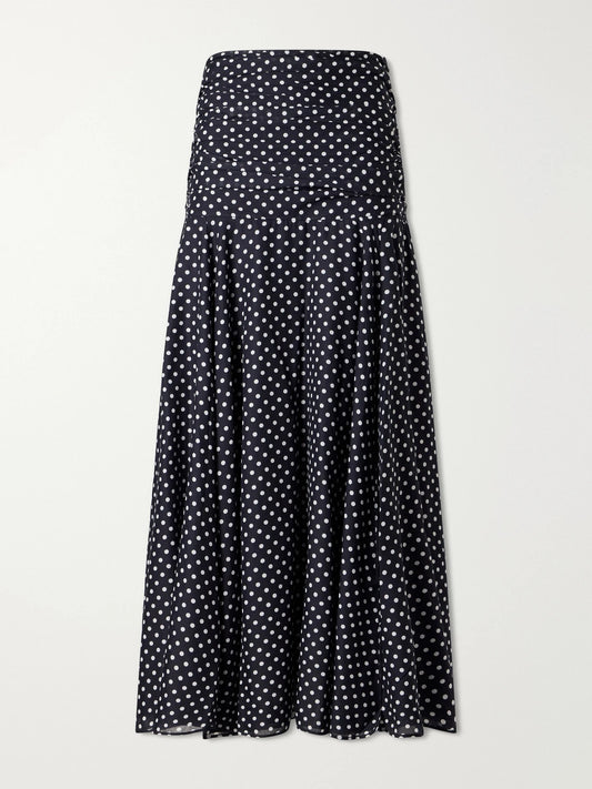 Image of a model wearing Skirts. Product name - Senda Polka-dot Cotton-blend Maxi Skirt in Black colour by brand - Charo Ruiz