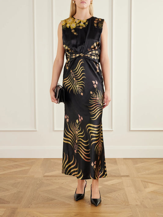 Image of Dresses. Product name - Gwen Floral-printed Silk-blend Midi Dress in Black colour by brand - Saloni