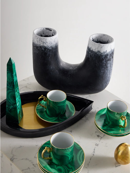 Image of Tableware. Product name - Malachite Set Of Six Porcelain Espresso Cups And Saucers in Green colour by brand - L'Objet