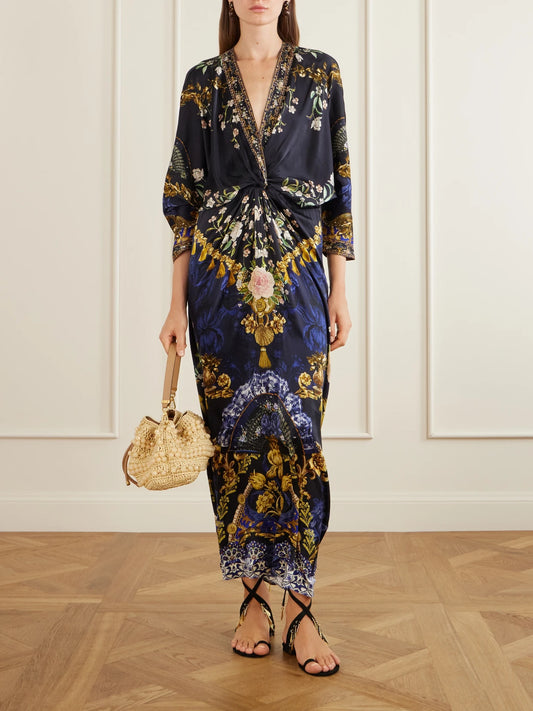 Image of Dresses. Product name - Gathered Embellished Printed Silk Maxi Dress in Blue colour by brand - Camilla