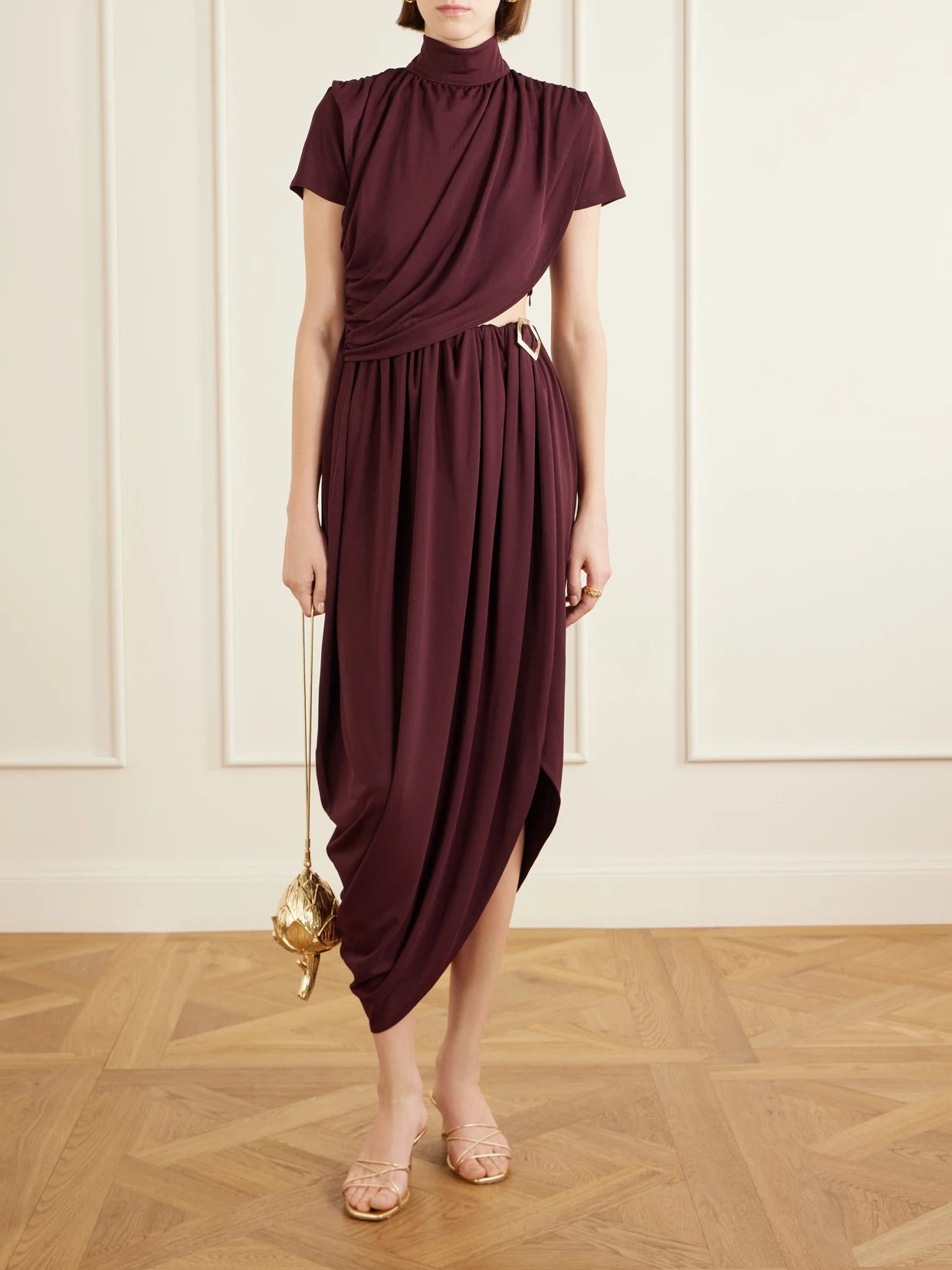 Image of Dresses. Product name - Pagani Cutout Embellished Gathered Crepe De Chine Midi Dress in Plum colour by brand - VIOLANTE NESSI