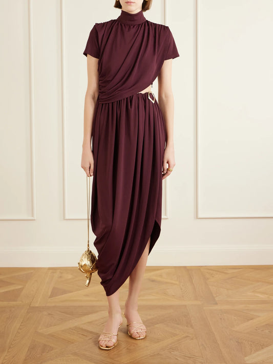Image of Dresses. Product name - Pagani Cutout Embellished Gathered Crepe De Chine Midi Dress in Plum colour by brand - VIOLANTE NESSI