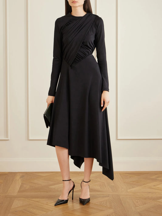 Image of Dresses. Product name - Gathered Crepe Midi Dress in Black colour by brand - Victoria Beckham