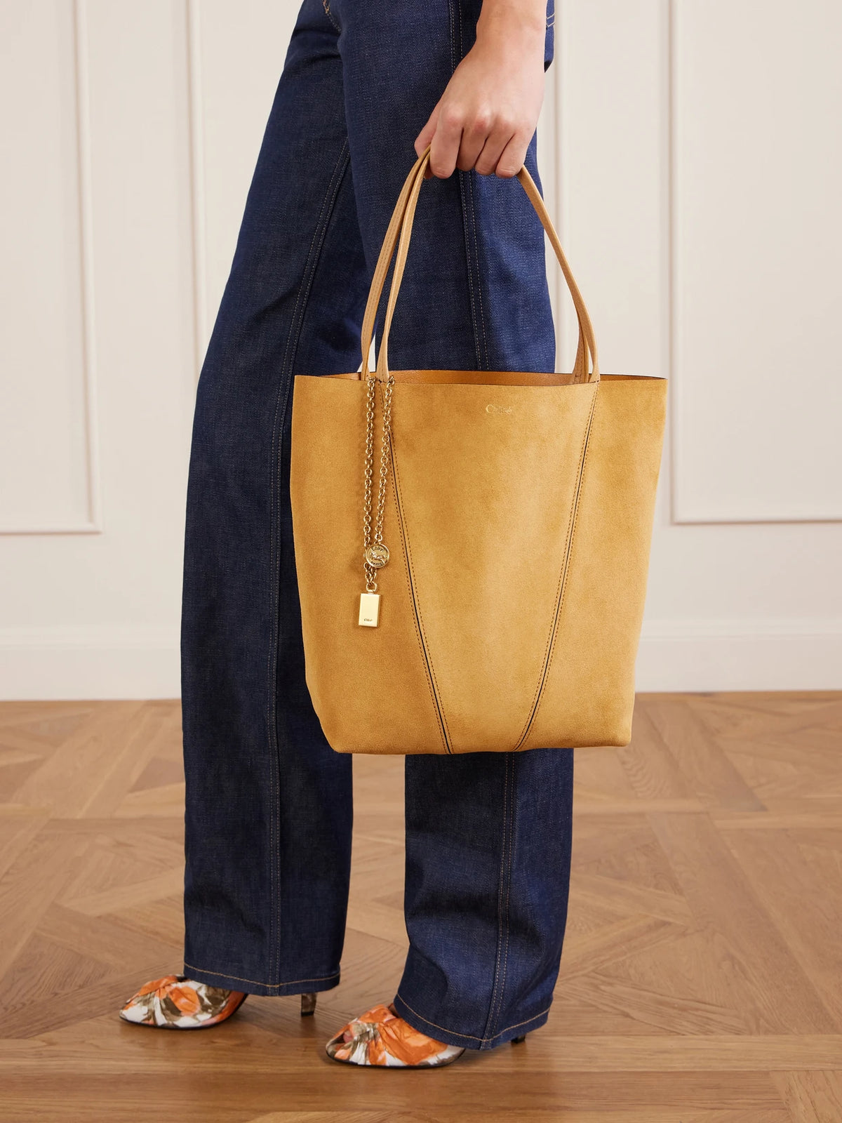 Image of Bags. Product name - Spin Embellished Paneled Suede Tote in Tan colour by brand - Chloé