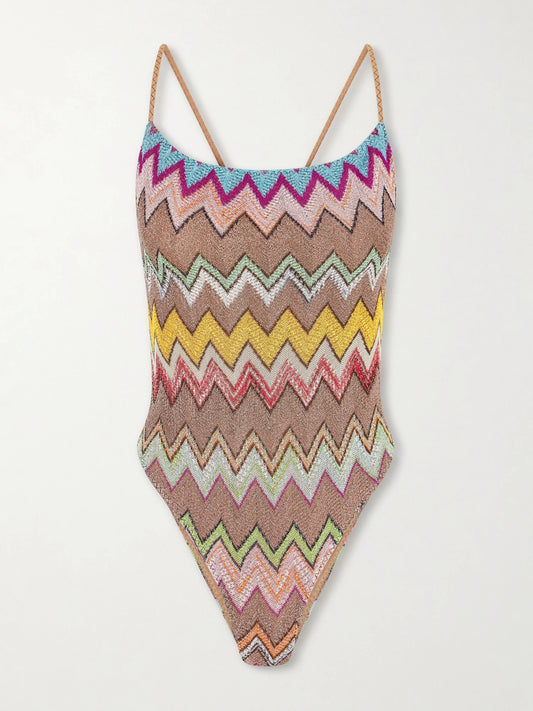 Image of Swimwear. Product name - Mare Striped Metallic Crochet-knit Swimsuit in Multi colour by brand - Missoni