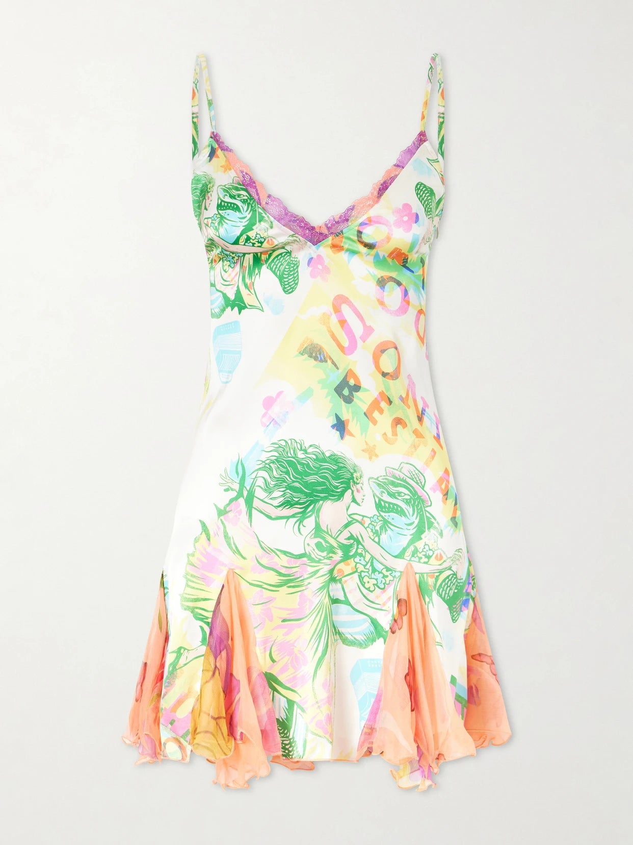 Sonido Bestial Ruffled Lace-trimmed Printed Silk-blend Satin And Chiffon Mini Dress