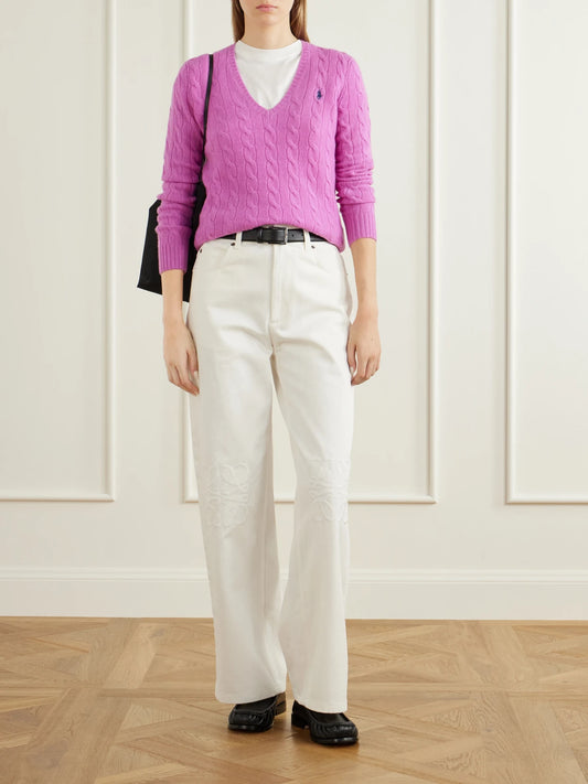 Image of a model wearing Outerwear. Product name - Cable-knit Cotton Sweater in Pink colour by brand - Polo Ralph Lauren