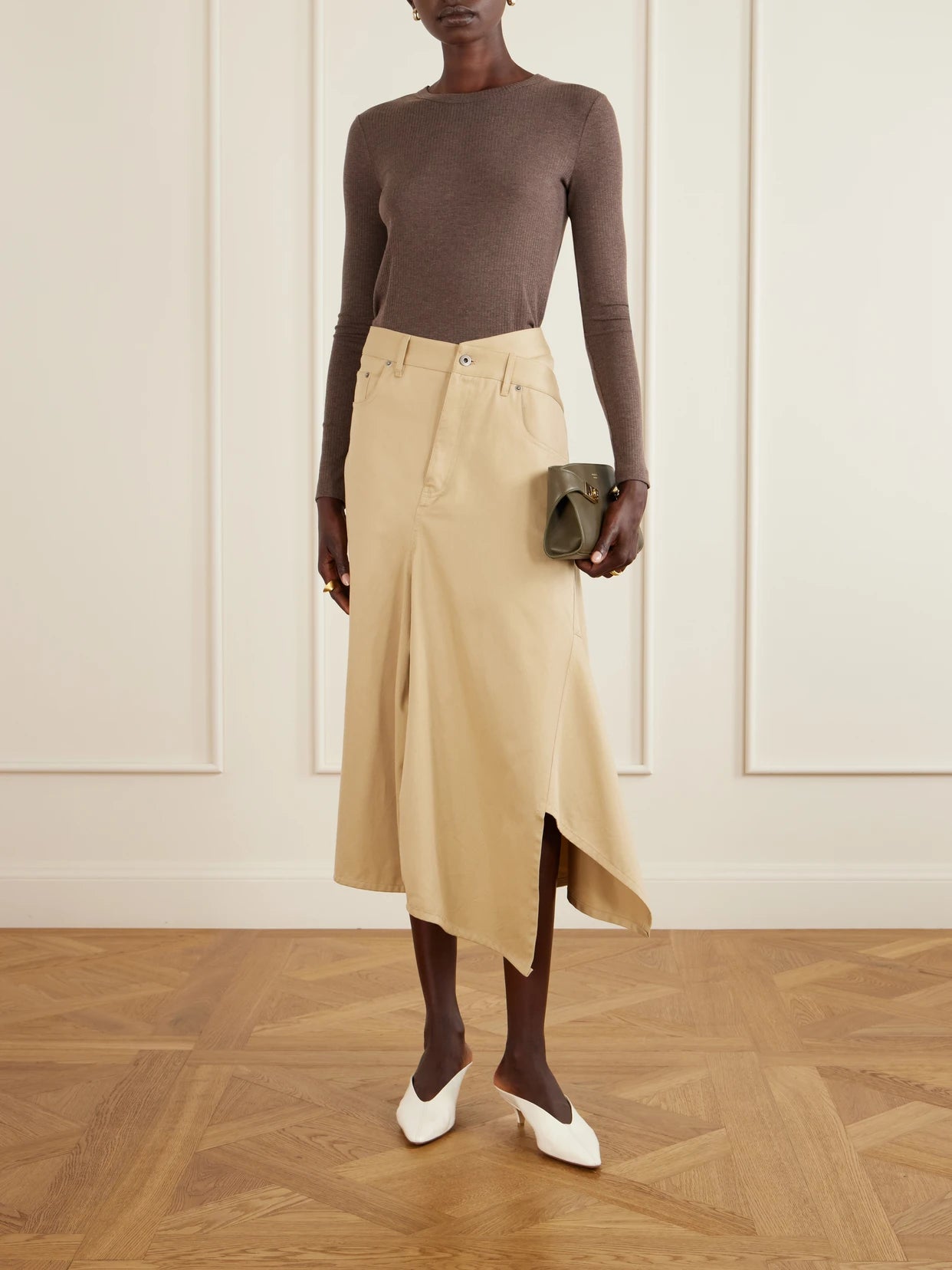 Image of a model wearing Tops. Product name - Salmone Ribbed Jersey T-shirt in Light brown colour by brand - Max Mara