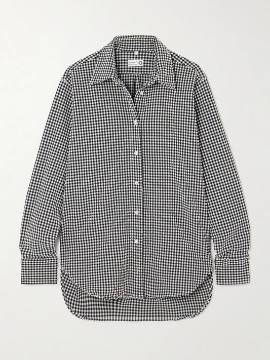 Image of a model wearing Tops. Product name - Gingham Seersucker Shirt in Black colour by brand - Hunza G