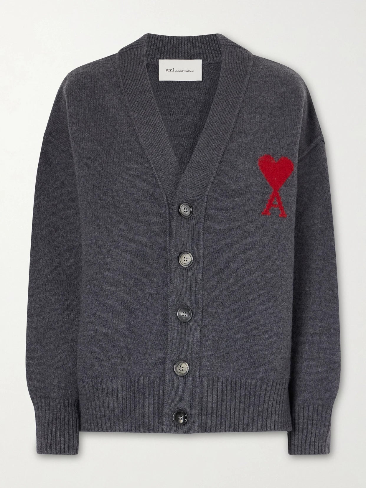 Image of a model wearing Outerwear. Product name - + Net Sustain Adc Intarsia Wool Cardigan in Gray colour by brand - AMI PARIS