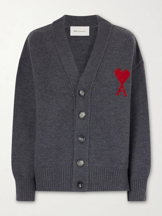 Image of a model wearing Outerwear. Product name - + Net Sustain Adc Intarsia Wool Cardigan in Gray colour by brand - AMI PARIS