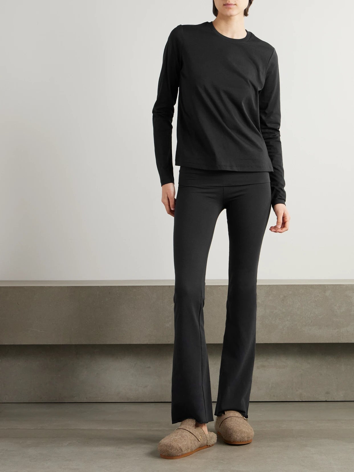Image of Sleepwear & Loungewear. Product name - Stretch-cotton Jersey Foldover Pants - Soot in Black colour by brand - SKIMS