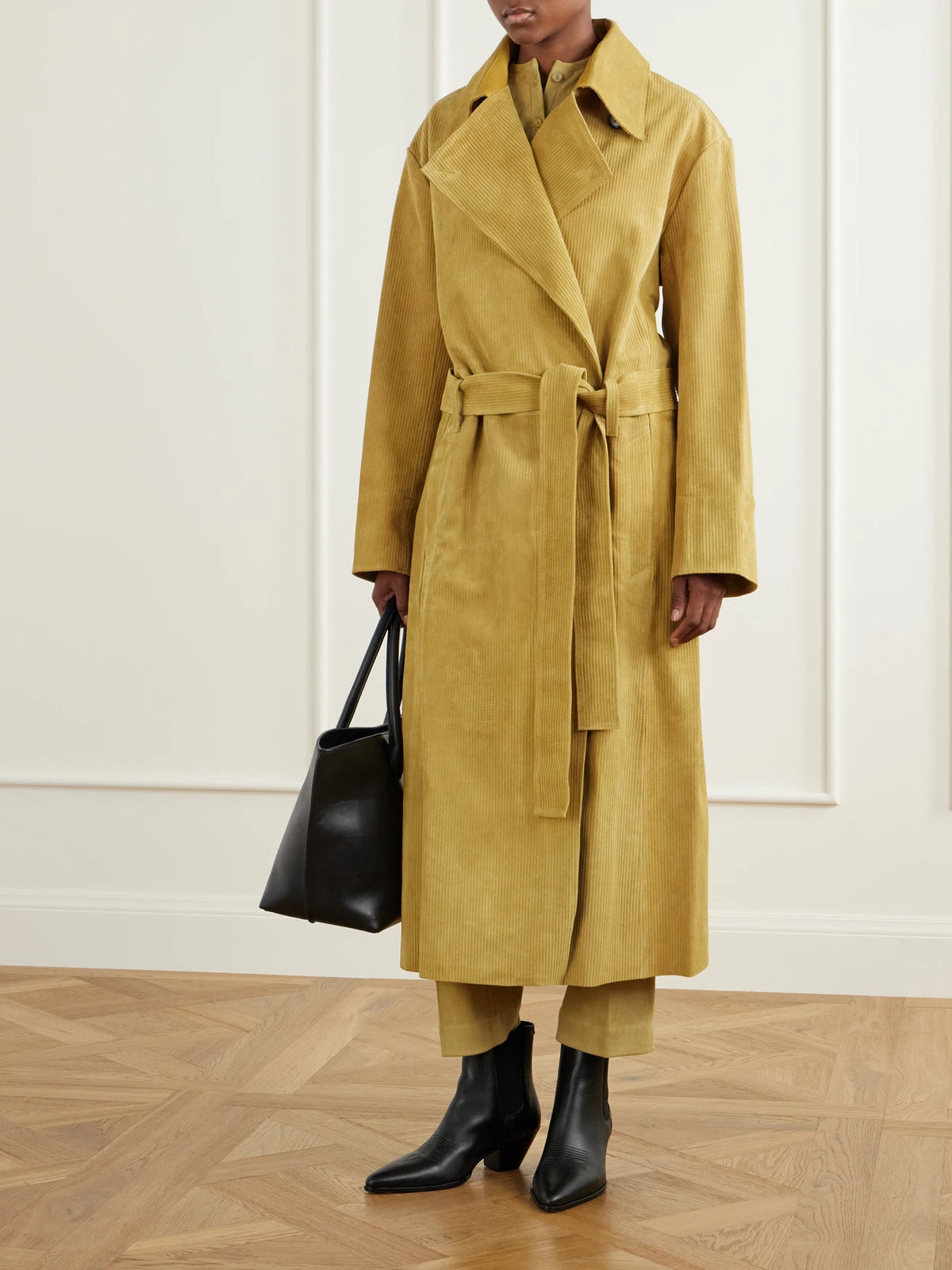 Image of Coats & Jackets. Product name - Wyatt Belted Corduroy Suede Coat in Mustard colour by brand - STOULS
