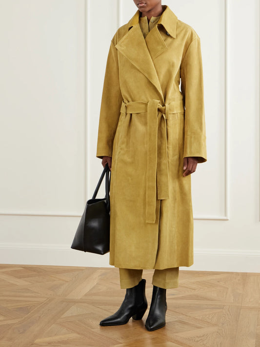 Image of Coats & Jackets. Product name - Wyatt Belted Corduroy Suede Coat in Mustard colour by brand - STOULS