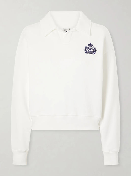 Image of Sleepwear & Loungewear. Product name - Embroidered Ribbed-detail Cotton Sweatshirt in White colour by brand - Sporty & Rich