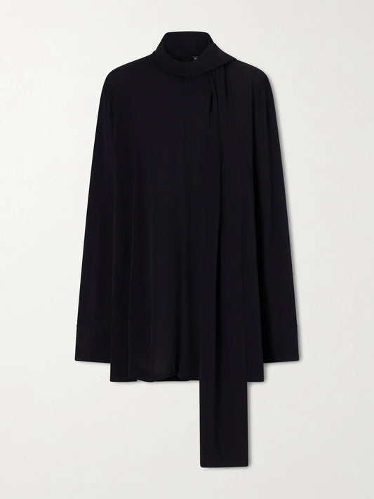 Image of a model wearing Tops. Product name - Scarf-detailed Woven Blouse in Black colour by brand - TOTEME