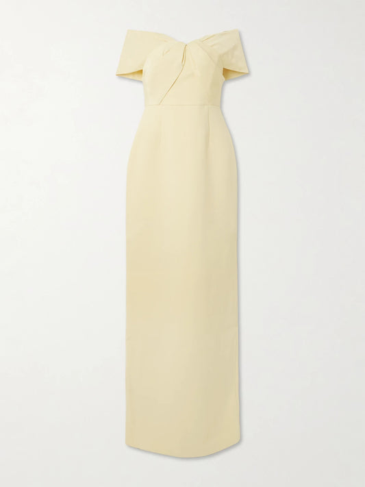 Image of Dresses. Product name - Aubriella Off-the-shoulder Satin-trimmed Crepe Gown in Yellow colour by brand - Rebecca Vallance