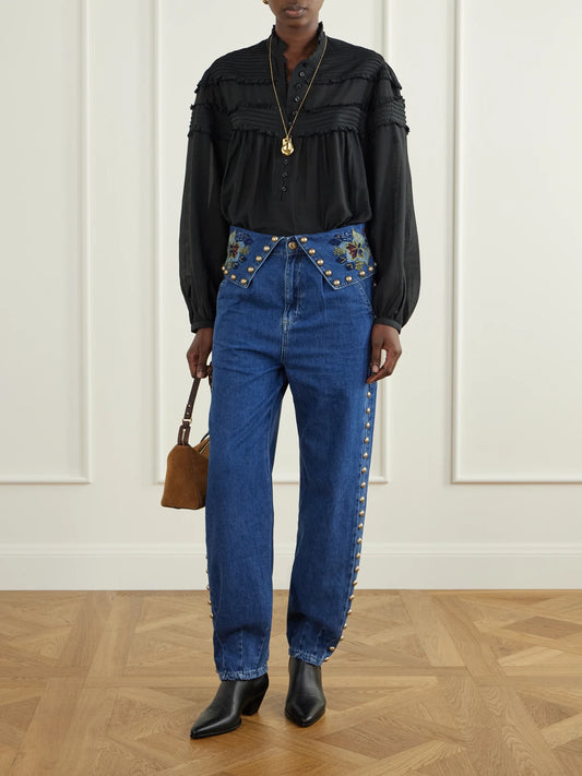 Image of Jeans. Product name - Studded Embroidered Mid-rise Straight-leg Jeans in Dark denim colour by brand - Farm Rio