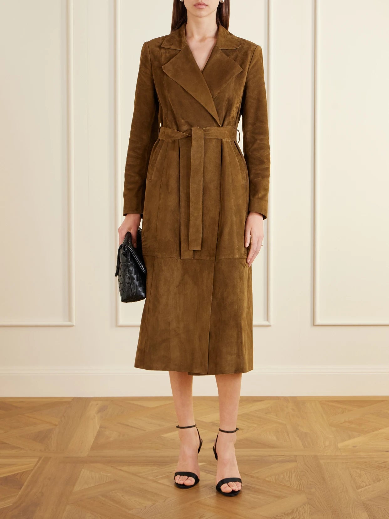 Image of Coats & Jackets. Product name - Winona Belted Suede Long Coat in Brown colour by brand - Nour Hammour