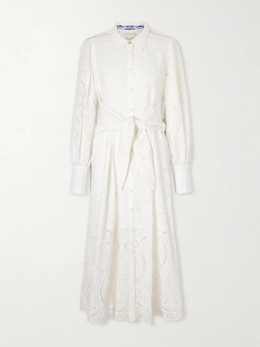 Image of Dresses. Product name - Tie-detailed Broderie Anglaise Cotton Midi Shirt Dress in White colour by brand - Camilla