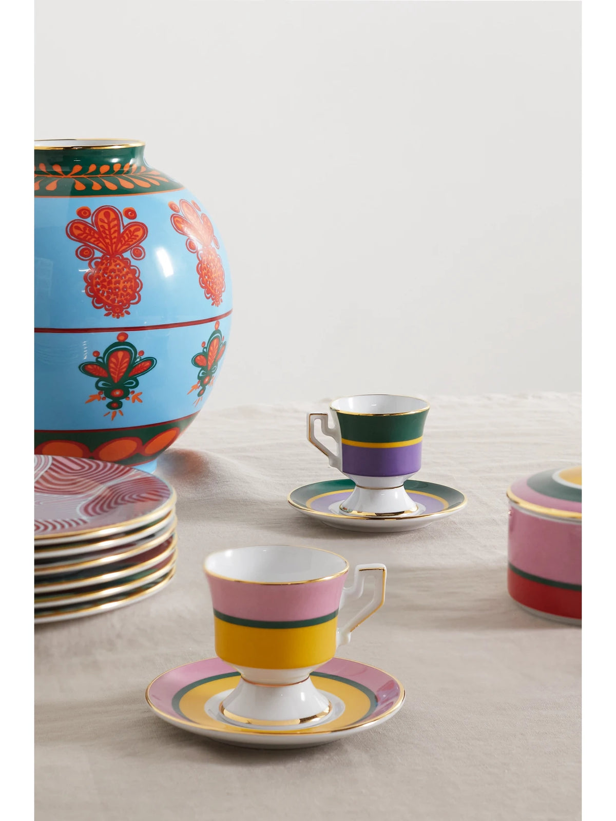 Image of Tableware. Product name - Set Of Four Gold-plated Porcelain Espresso Cups And Saucers in Pink colour by brand - La DoubleJ