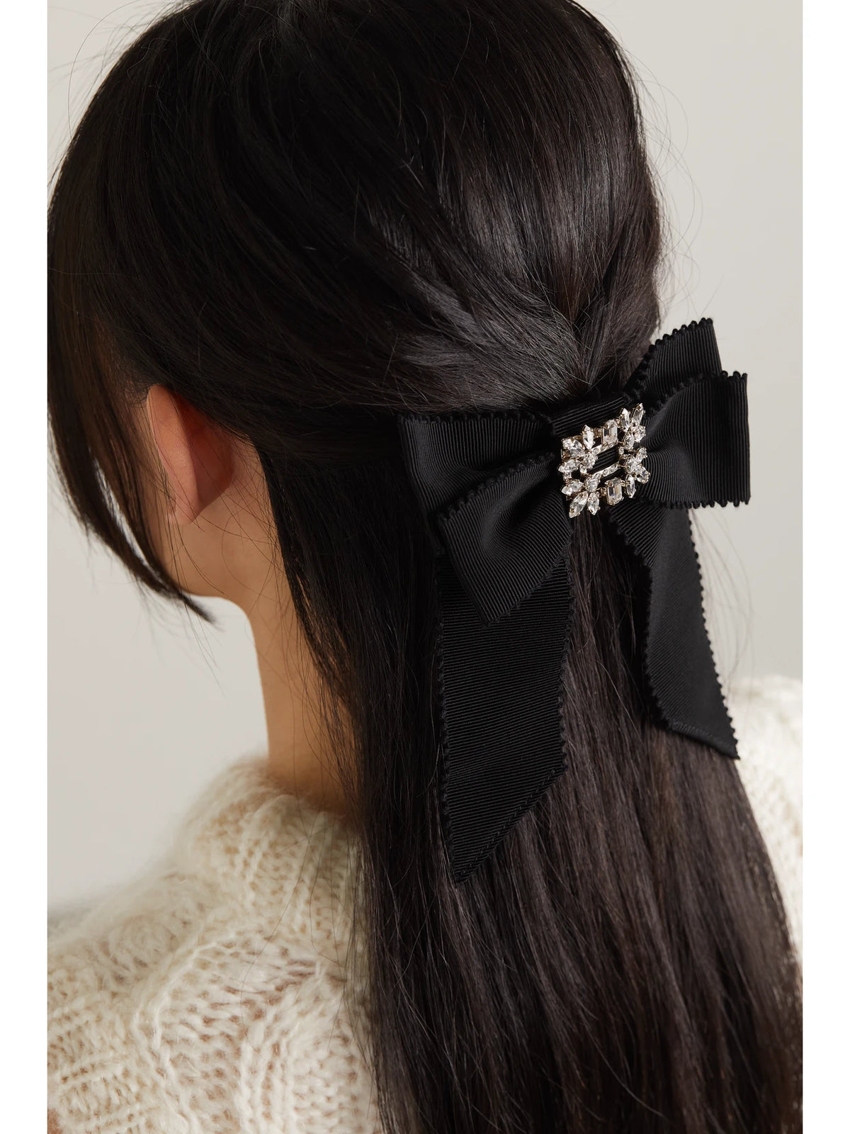 Image of Accessories. Product name - Broche Vivier Crystal-embellished Grosgrain Hair Clip in Black colour by brand - Roger Vivier