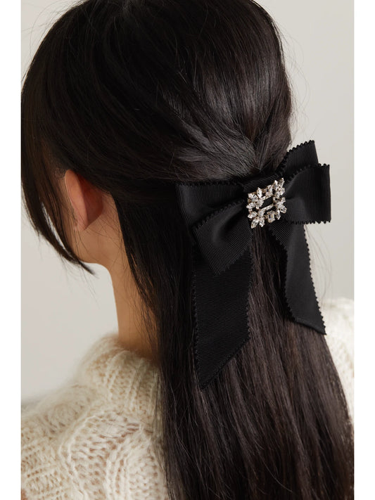 Image of Accessories. Product name - Broche Vivier Crystal-embellished Grosgrain Hair Clip in Black colour by brand - Roger Vivier